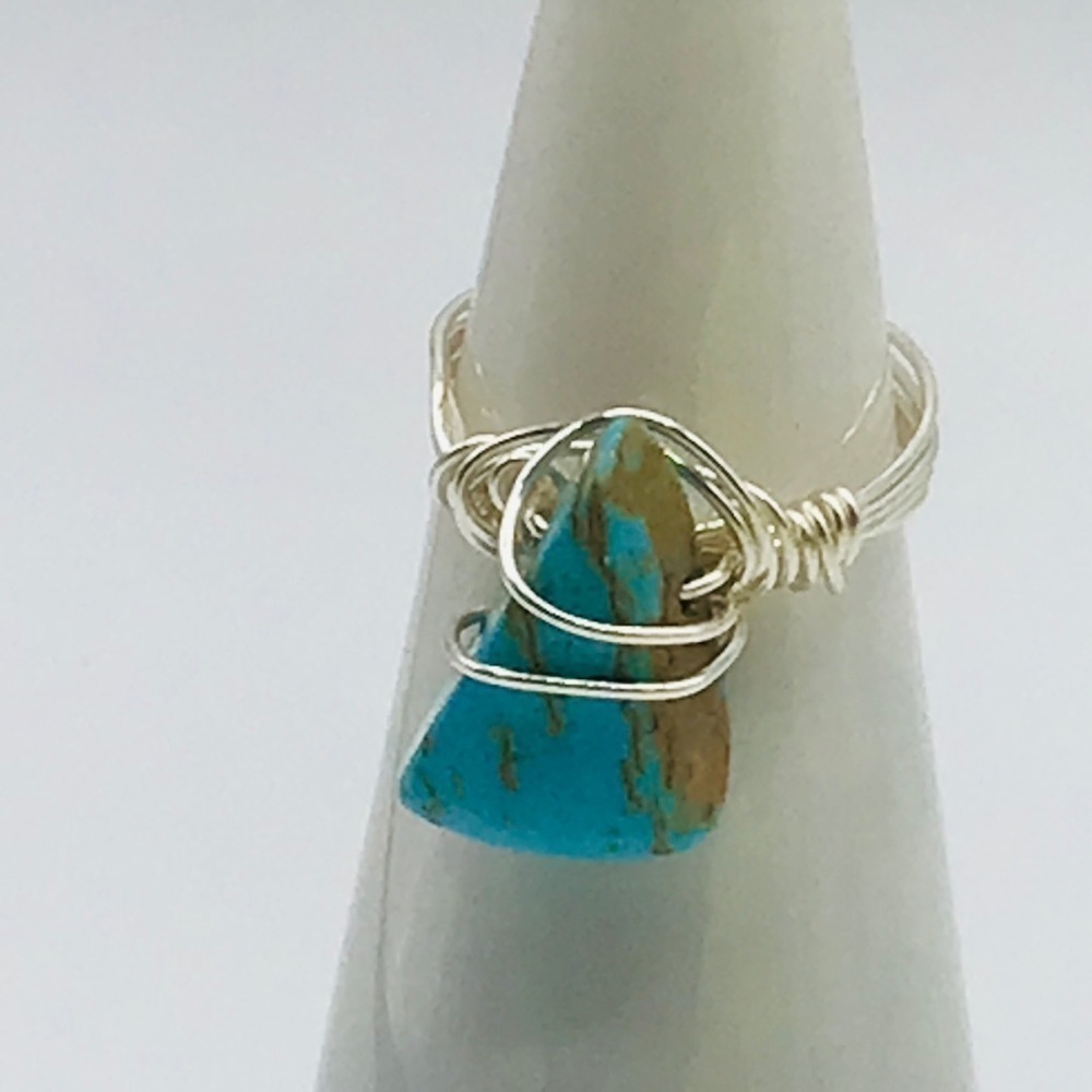 Ring Wire Wrapped Synthetic Turquoise Stone Triangle Boho SilverTone Handmade
